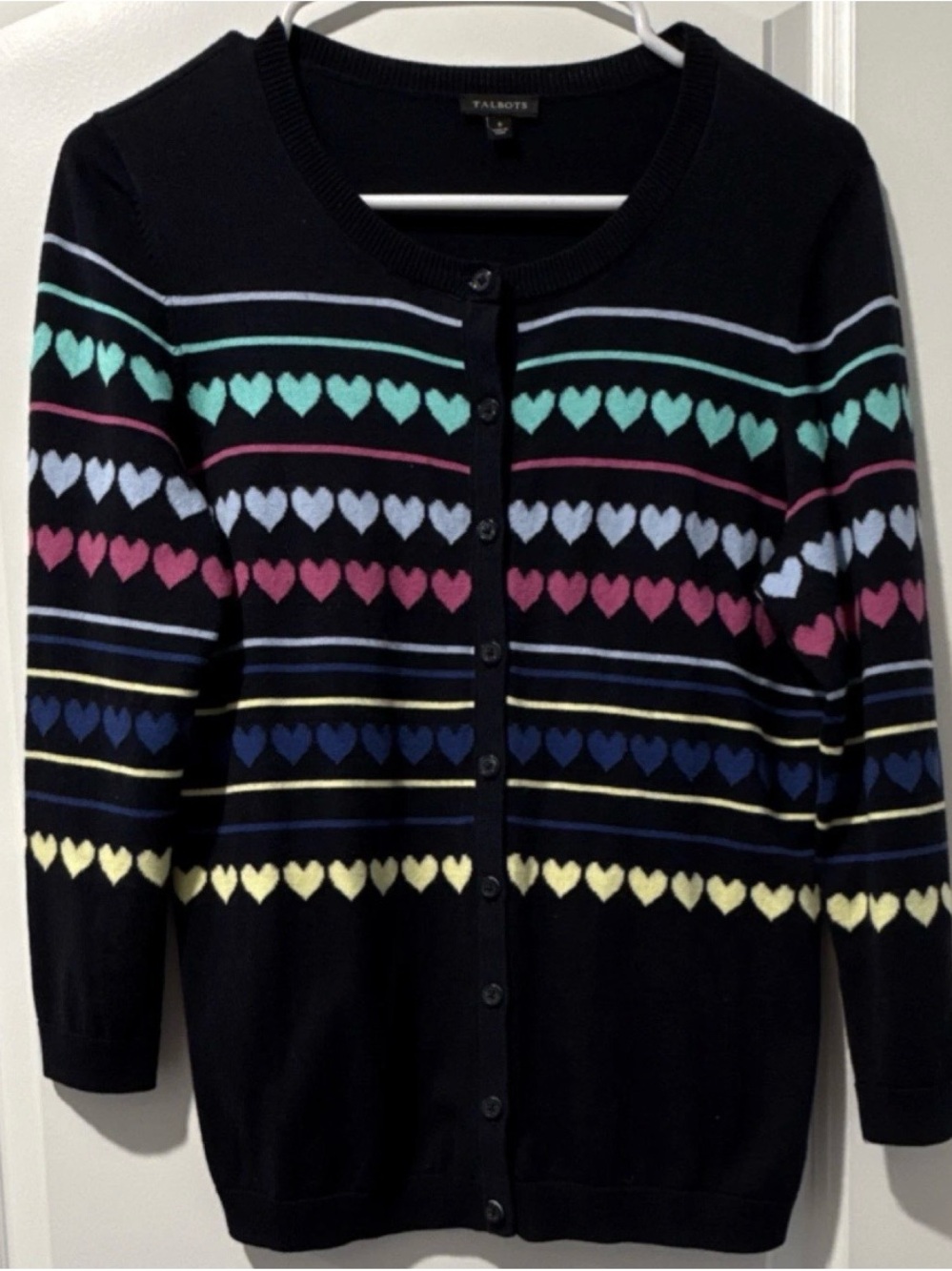 Talbots S Cardigan Sweater with Multicolor Heart Stripes